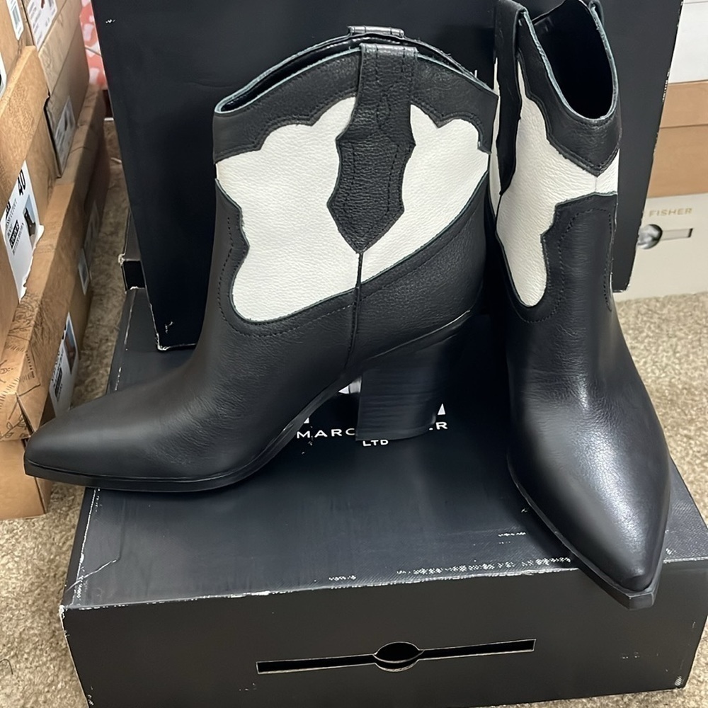 Marc Fisher LTD Gona Western Leather Booties in Black/White - Picture 5 of 9